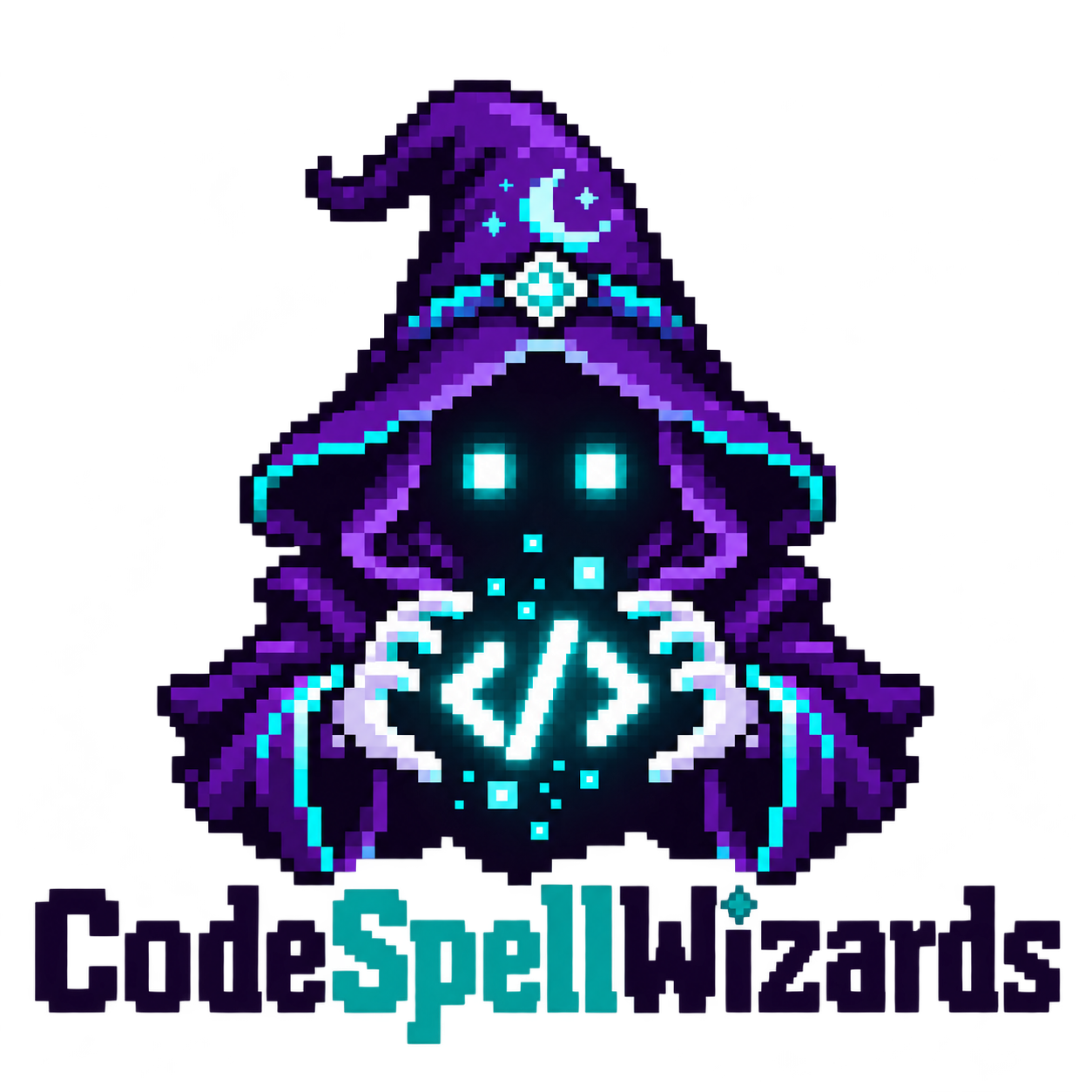Logo de CodeSpellWizards: mago de pixel art violeta con ojos cian y símbolo de código